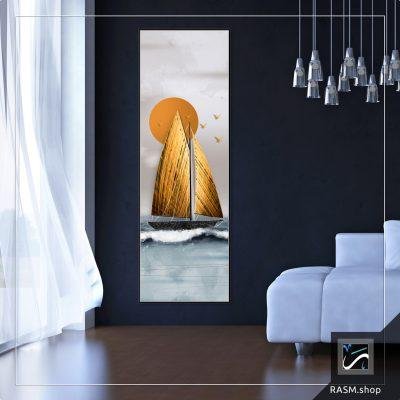 لوحة جدارية فنية – قارب شراعي مع شمس برتقالية على كانفاس فاخر - T55-15050
