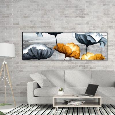 لوحة جدارية زهور تجريدية فاخرة – تدرجات رمادي مع لمسات ذهبية وبرتقالية على كانفاس مودرن - T121