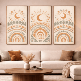 طقم لوحات جدارية بوهيمي فاخرة (3 قطع) – تصميم قمر وزخارف هندسية على كانفاس RT10-8040-3-1