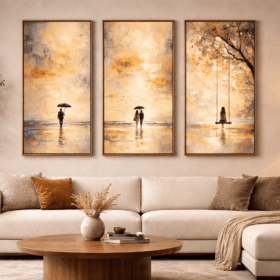 طقم لوحات جدارية فاخرة (3 قطع) – مشهد طبيعي رومانسي بتدرجات ذهبية على كانفاس RT11-8040-3-1