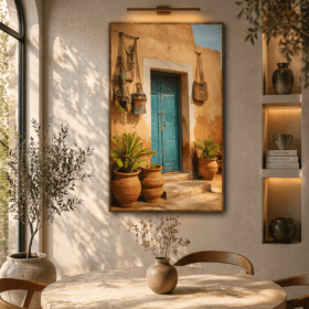 لوحة جدارية تراثية فاخرة – باب عربي أزرق بتفاصيل أصيلة على كانفاس-MR9