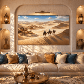 لوحة جدارية لقافلة جمال في الصحراء السعودية