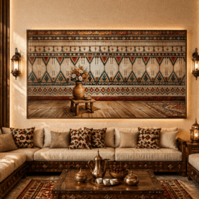 rasm0625-لوحة جدارية تراثية فاخرة – زخارف عربية هندسية بتدرجات دافئة على كانفاس