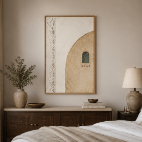 لوحة جدارية لقوس معماري ونافذة تراثية بدرجات البيج – MR1