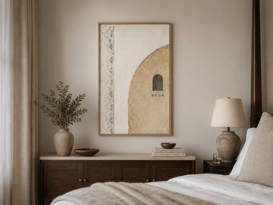 لوحة جدارية لقوس معماري ونافذة تراثية بدرجات البيج – MR1