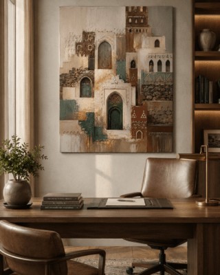 لوحة جدارية للعمارة الجنوبية السعودية – أبواب ومبانٍ تراثية