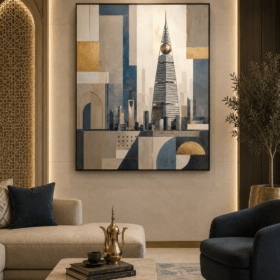 لوحة جدارية لبرج الفيصلية والرياض بتصميم هندسي تجريدي